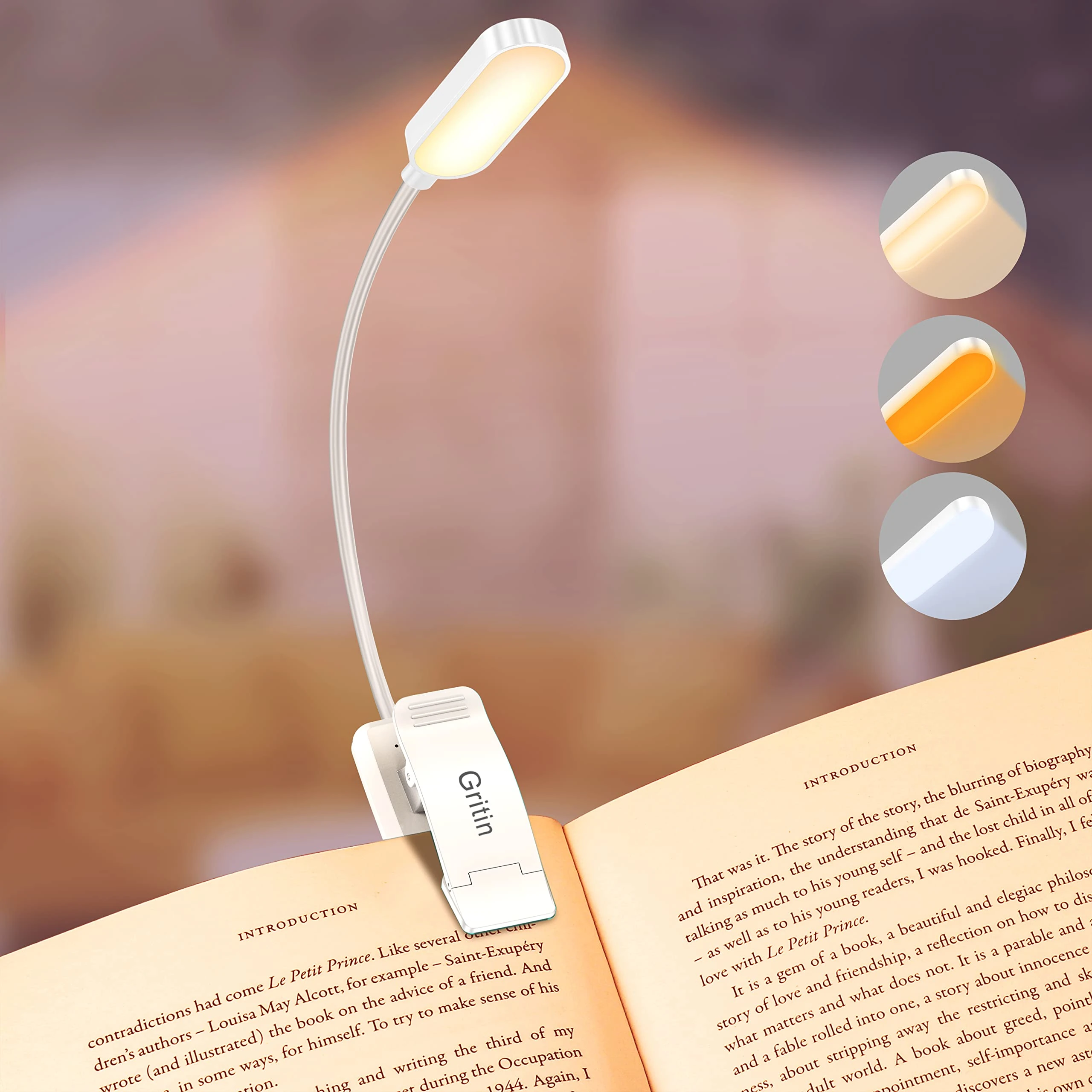 Gritin 16 LED Book Light, Reading Light 3 Eye-Protecting Modes Book Lamp (White/Amber/Mixed) - Stepless Dimming, Rechargeable, 4-Level Power Indicator, Flexible Clip on Book Light - White