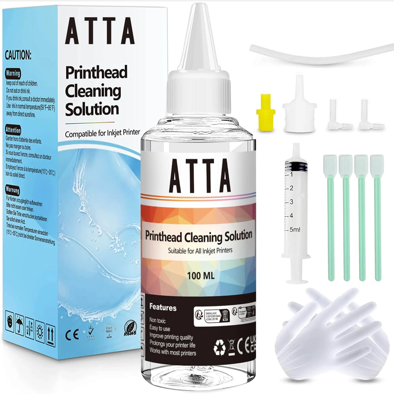 ATTA Printhead Cleaning Kit for Inkjet Printers, Powerful Printer Head Cleaner Kit Printer Nozzle Cleaning Kit for Epson HP Canon Brother Dell Lexmark (100ml 1-Pack)