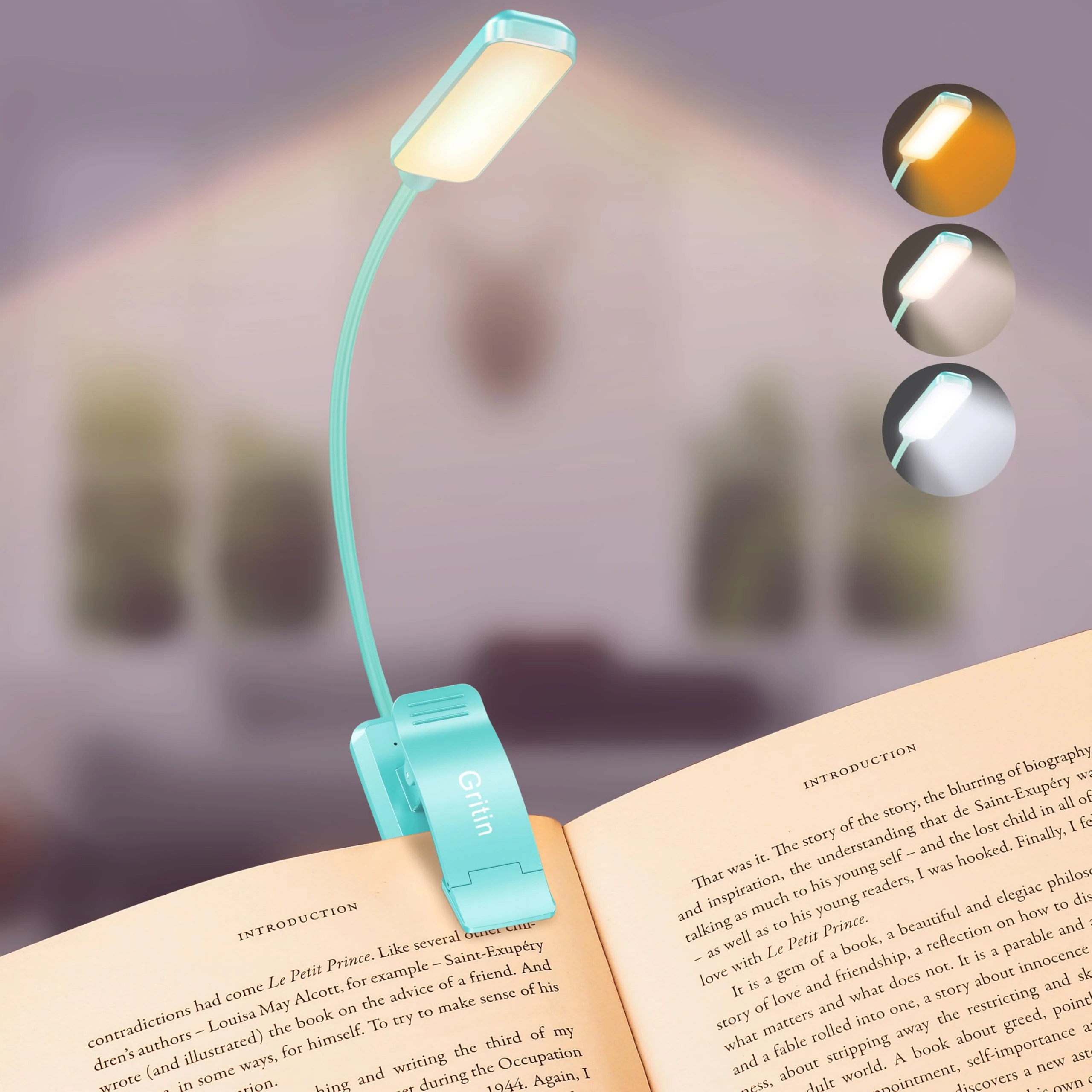 Gritin 9 LED Clip on Book Light, 3 Eye-Protecting Modes Flexible Reading Light Book Lamp (Warm&Cool White) -Stepless Dimming, Rechargeable, Long Battery Life, 4-Level Power Indicator-Blue