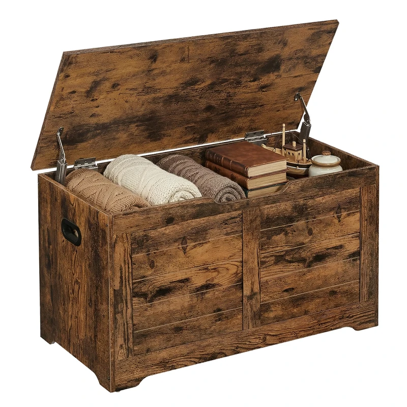 VASAGLE Chest, Bench, Blanket Box with 2 Safety Hinges, Shoe, Farmhouse Style, for Hallway, Bedroom, Living Room, Honey Brown LSB061K01