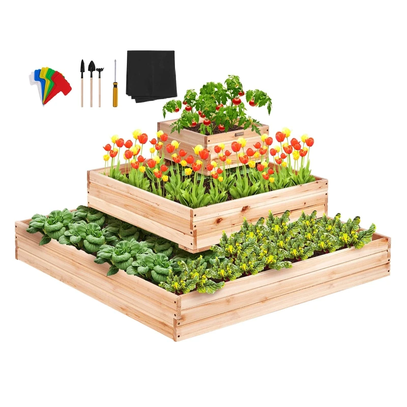 VEVOR Raised Garden Bed, 3.7 x 3.7 x 1.7 ft Wooden Planter Box, Outdoor Planting Boxes with Open Base, for Growing Flowers/Vegetables/Herbs in Backyard/Garden/Patio/Balcony, Burlywood