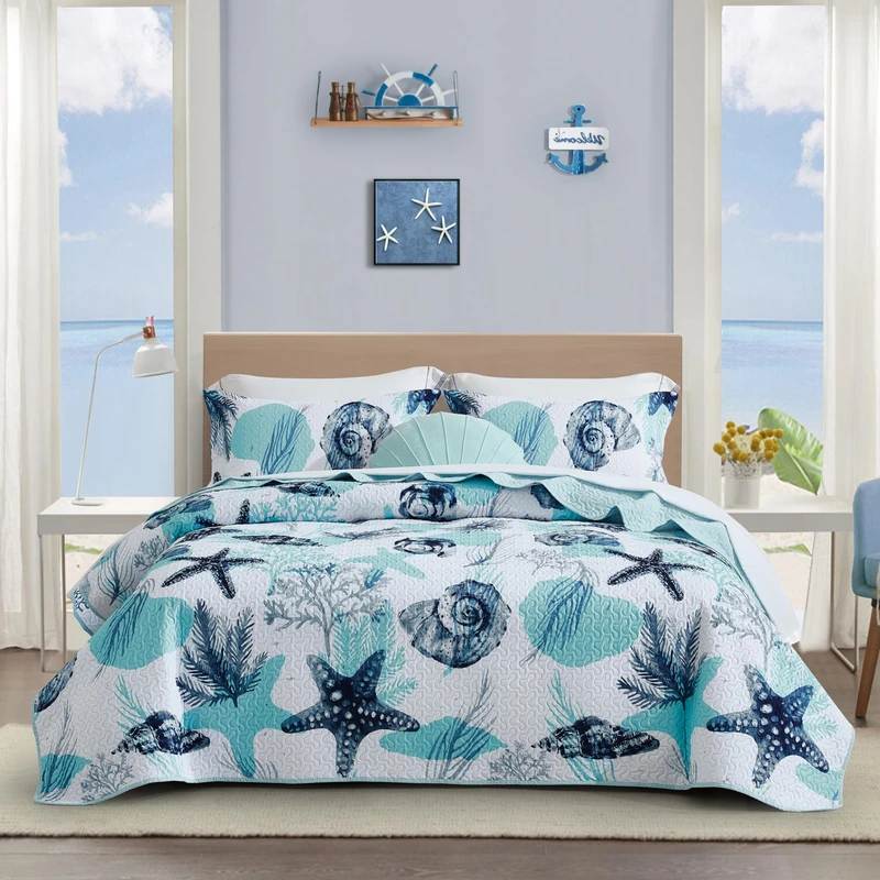 Tritard 3 Piece Coastal Full/Queen Quilt Sets Nautical Reversible Lightweight Bedspread Coverlet with 2 Shames Blue Starfish Conch Beach Microfiber Bedding Quilt Set for All Season, 90''x96''
