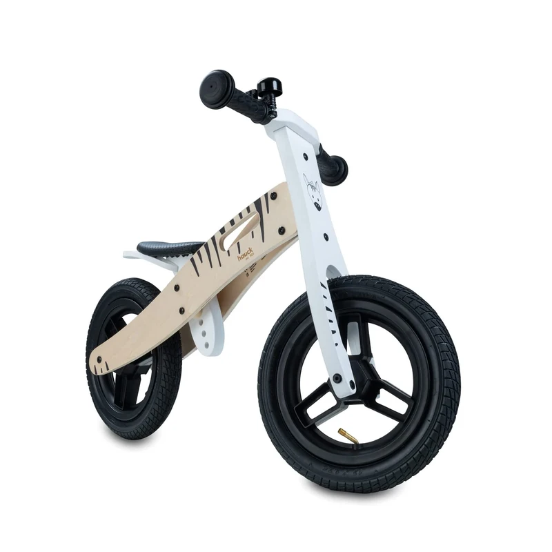hauck Balance N Ride, Zebra - Wooden Toddler Balance Bike 2+ Year Old up to 20 kg, 12 Inch Air Wheels, Height-Adjustable Saddle, Bell, Carry Handle, FSC® Certified Toddler Bike, No Pedals