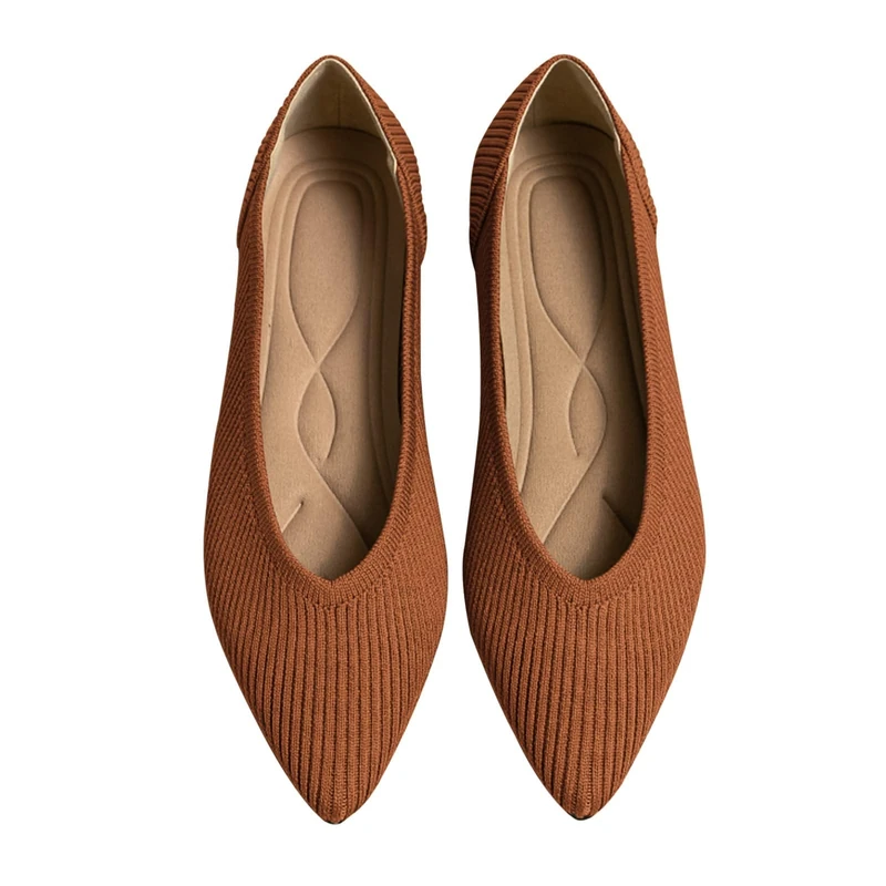 TINGRISE Women's Flats Shoes Pointed Toe Knit Ballet Comfortable Dressy Slip On Flat Brown US9 - Image 1