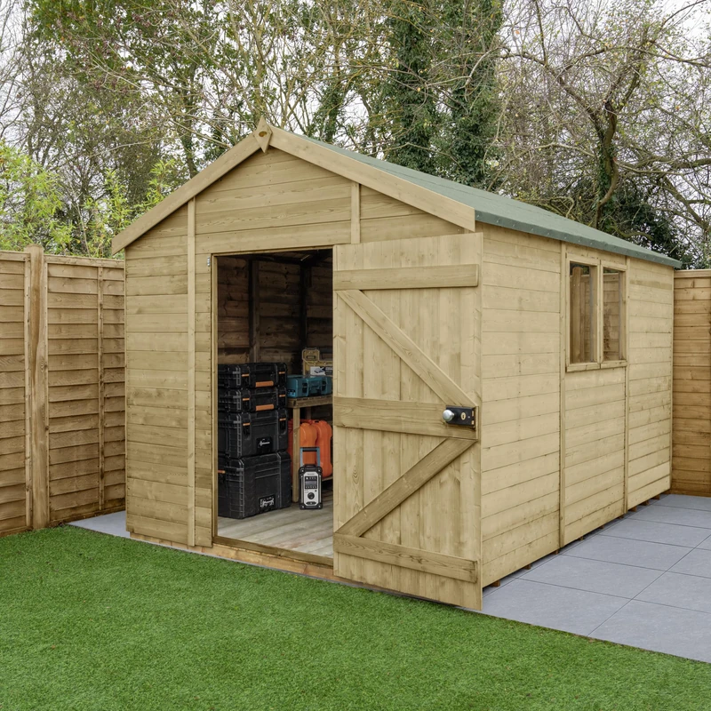 Natural Wood Garden Shed Tongue & Groove Apex Wooden Shed Workshop Large Single Easy Access Door Real Glass Windows Wooden Boarded Floor 25 Year Guarantee 12x8' (3.6m x 2.61m)