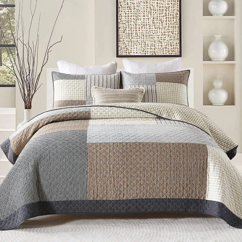 DUOHONG Quilts Queen Size - Queen Quilt Bedspread, 100% Cotton Patchwork Quilt Bedding Set for Queen Bed, 3 Pieces Plaid Farmhouse Reversible Rustic Lightweight Comforter Spread, Brown/Beige/Gray