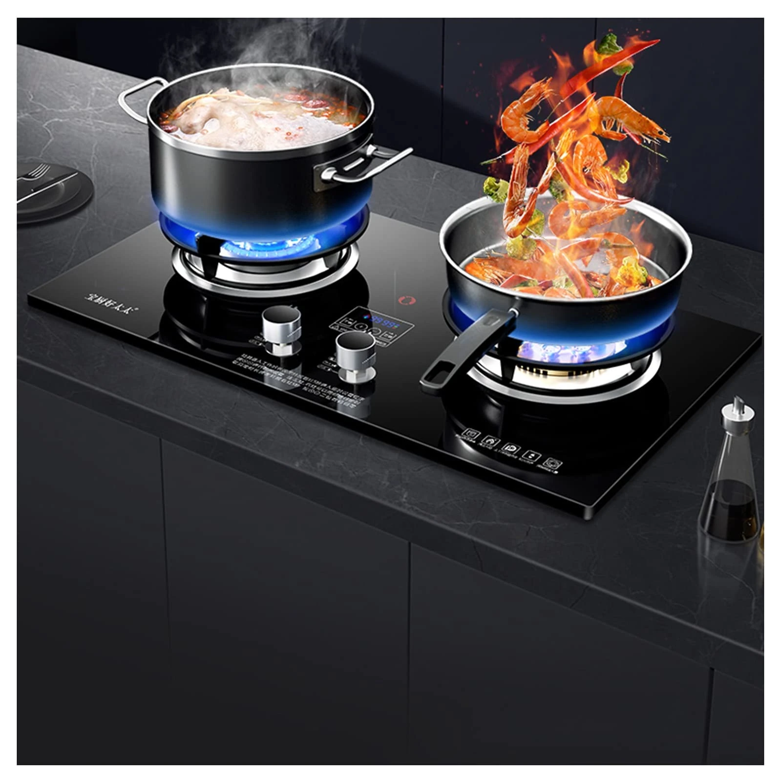 Gas Stove Cooker, Tempered Glass Worktop 4.5-5.2KW 2 Burners, Tabletop and Built-in Two Installations Kitchen Cooktop Gas Cooker,LPG/NG Burner Only (Size : NG)