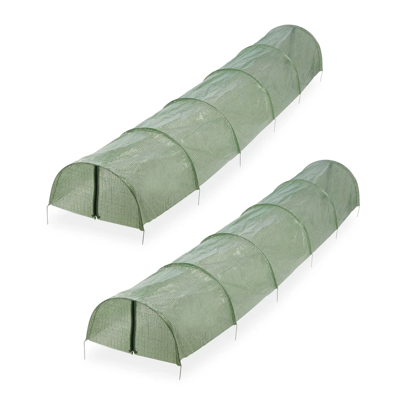 Relaxdays Grow Tunnels, Set of 2, 2.9 m Long, PE Greenhouse with Zips, Polytunnel, Plant & Seedling Protection, Green