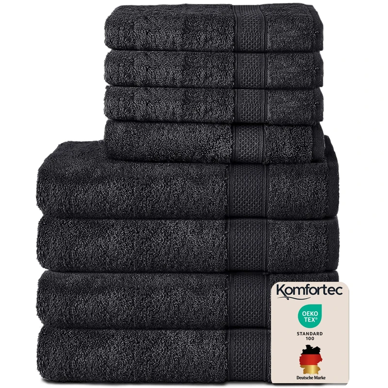 Komfortec Set of 8 Hand Towels 100% Cotton, 4 Bath Towels 70 x 140 cm and 4 Hand Towels 50 x 100 cm, Terry Clothing, Soft, Towel, Large, Black