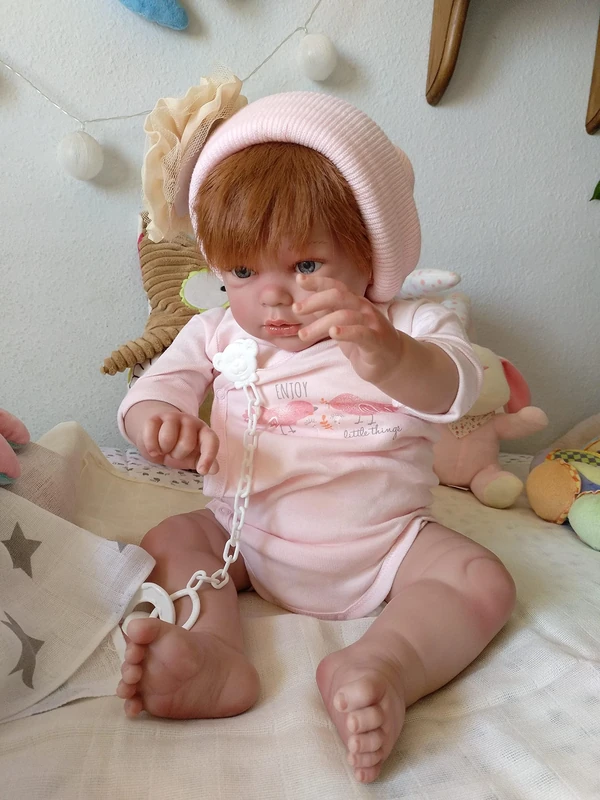MIS MUÑECAS REBORNS Babè Reborn Tàbatha, Grey Eye Redhead, Red, Shaggy Hair, 52 cm and 2.3 kg, Silicone Vinyl, Made in Spain.