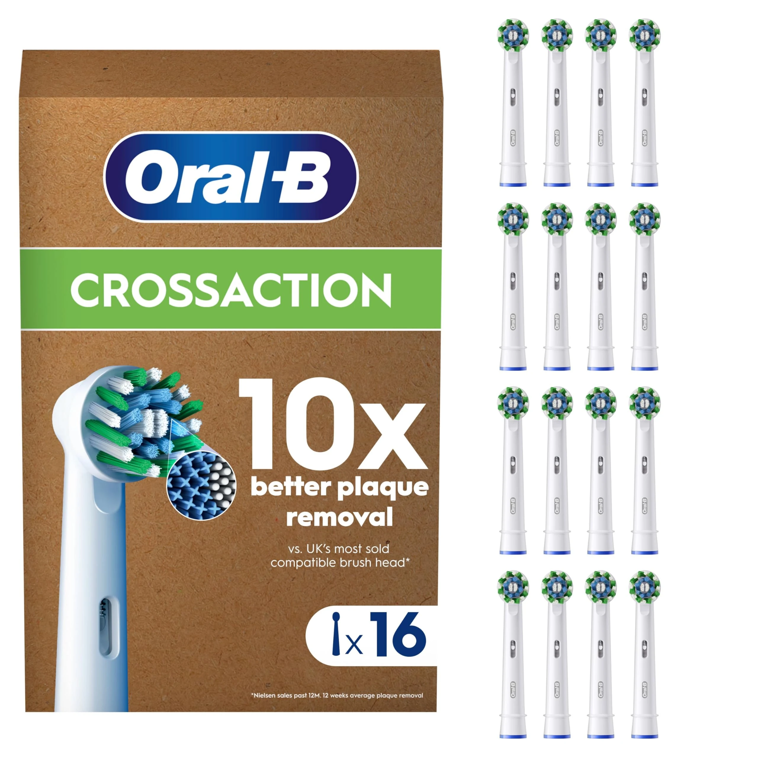 Oral-B Pro Cross Action Original Electric Toothbrush Head, X-Shape and Angled Bristles for Deeper Plaque Removal, Pack of 16 Toothbrush Heads, Suitable for Mailbox, White