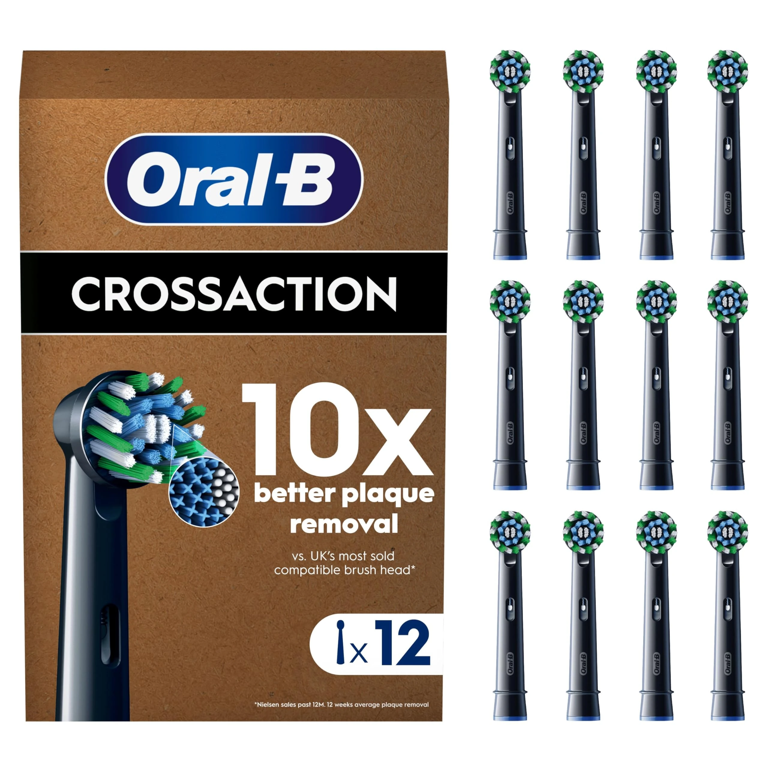 Oral-B Pro Cross Action Original Electric Toothbrush Head, X-Shape and Angled Bristles for Deeper Plaque Removal, Pack of 12 Toothbrush Heads, Suitable for Mailbox, Black