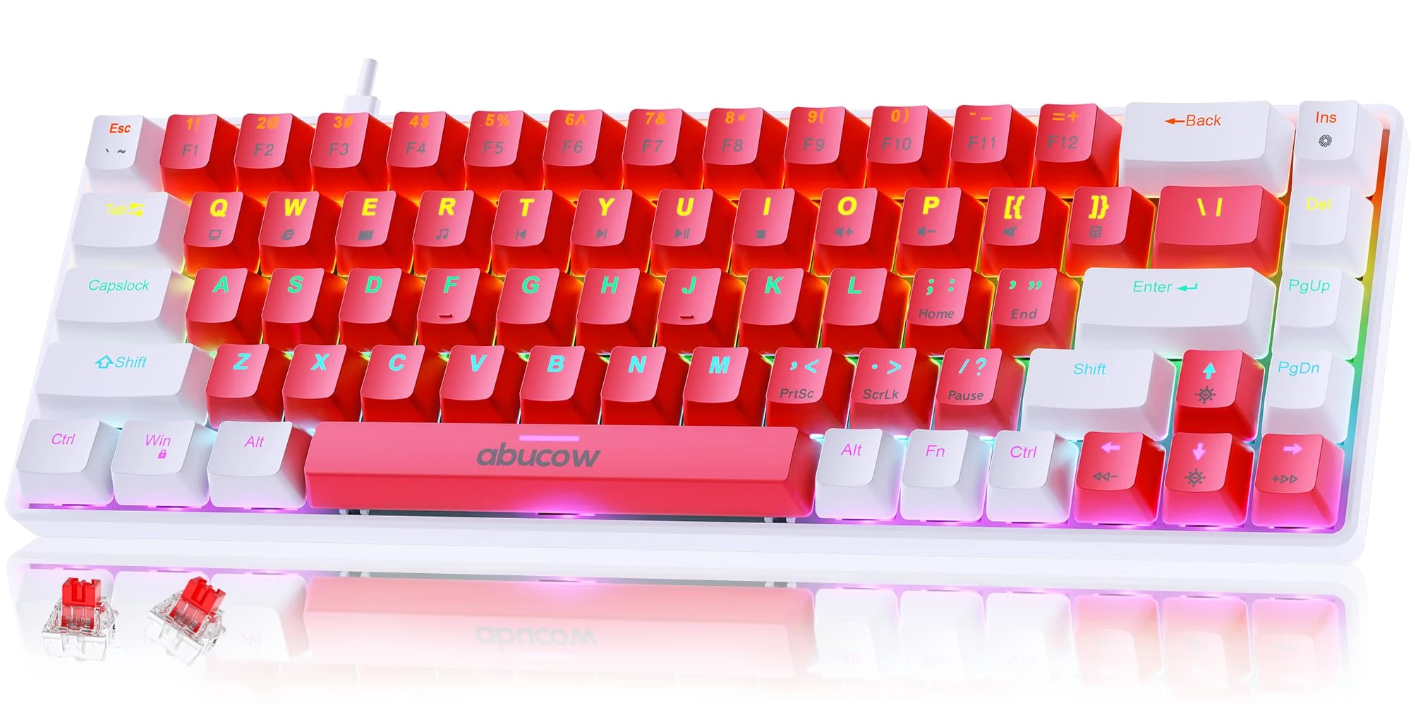 abucow 68-Key Mechanical Keyboard with Colorful Backlight 60% Gaming Keyboard - Red Switches for a Premium Typing and Gaming Experience on PC and Mac (Red-White)