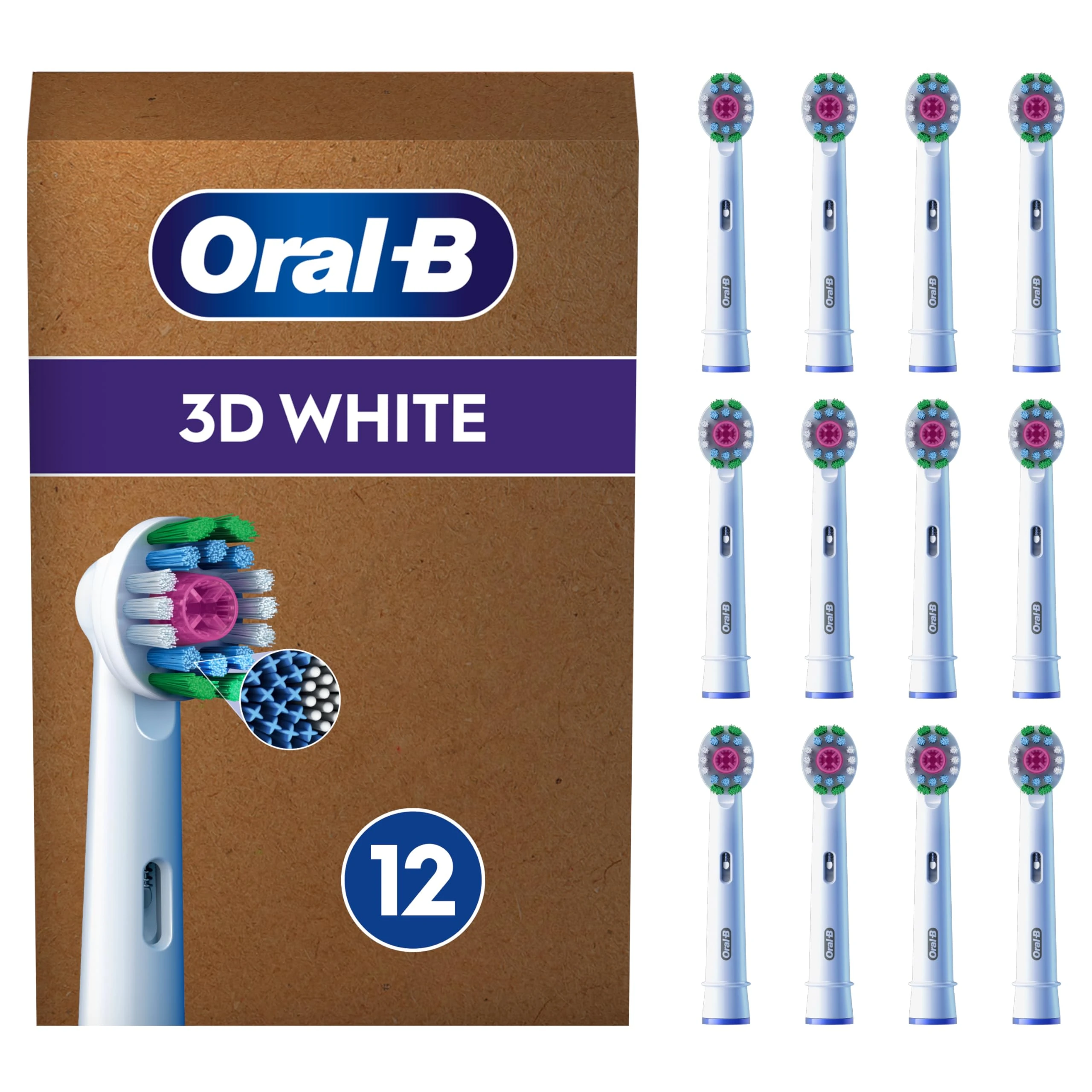 Oral-B Pro 3D White ORIGINAL Electric Toothbrush Head,X-Shaped Bristles and Unique Polishing Cup for Teeth Whitening and to Remove Surface Stains,Pack of 12 Toothbrush Heads,Suitable for Mailbox,White