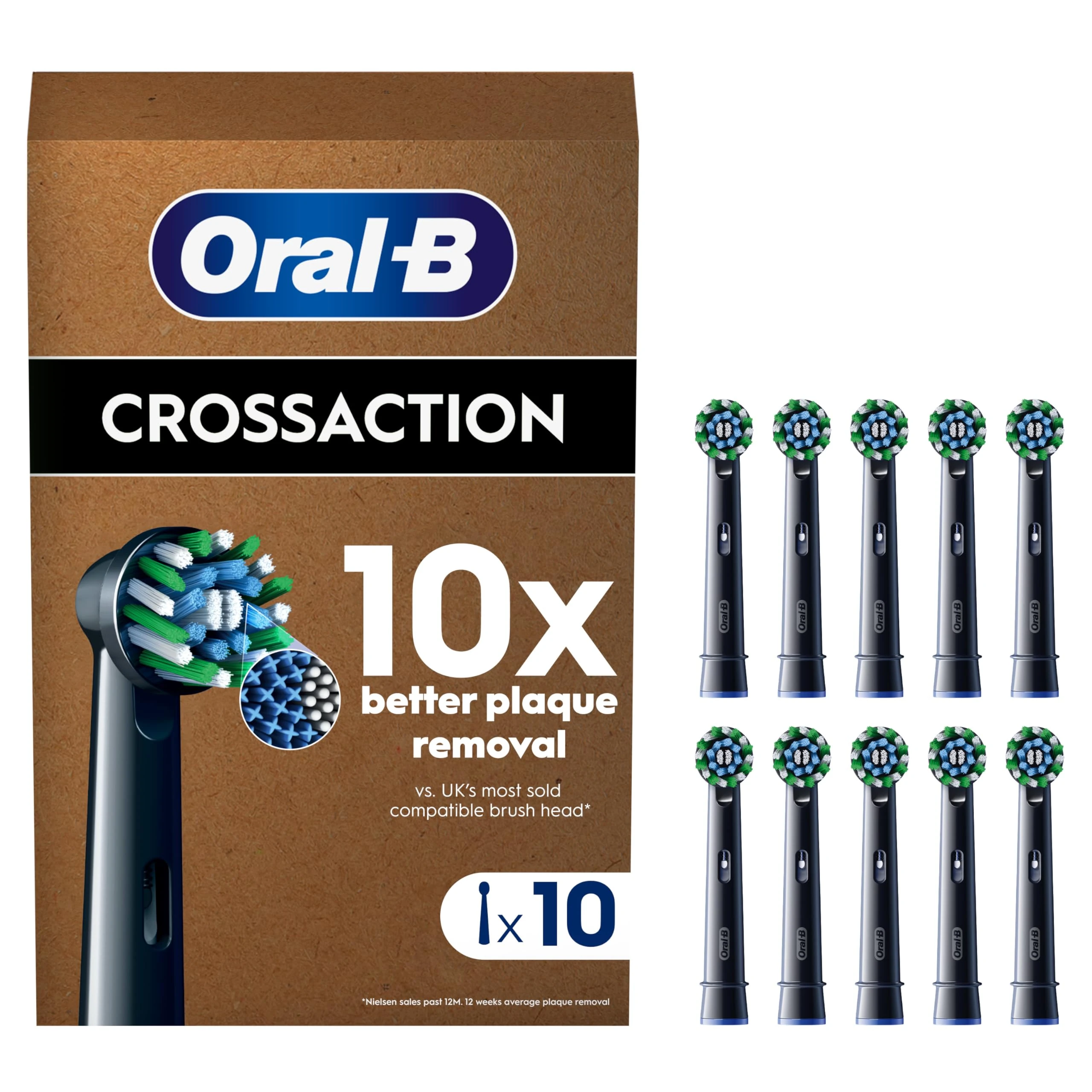 Oral-B Pro Cross Action Original Electric Toothbrush Heads, Black, Pack of 10, Suitable for Mailbox, Oral B Replacement Toothbrush Head with Angled Bristles for Deep Cleaning