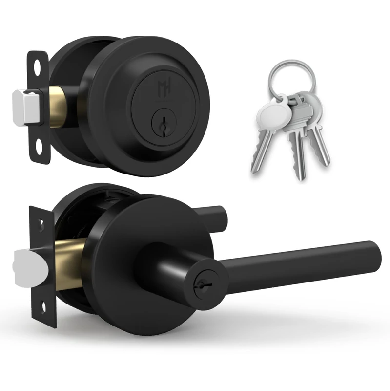 Mega Handles Ronn Entrance Combo, Entry Lever Door Handle and Single Cylinder Deadbolt Lock and Key Combo Pack, Heavy Duty Round Locking Door Levers Set for Left or Right-Handed Doors - Matte Black