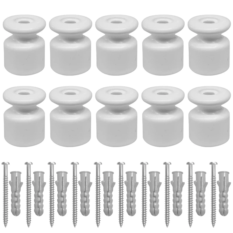 Amarcords - Cable clamp with screws and plugs. 50 vintage colored porcelain insulators for color wall braid cable installations WHITE