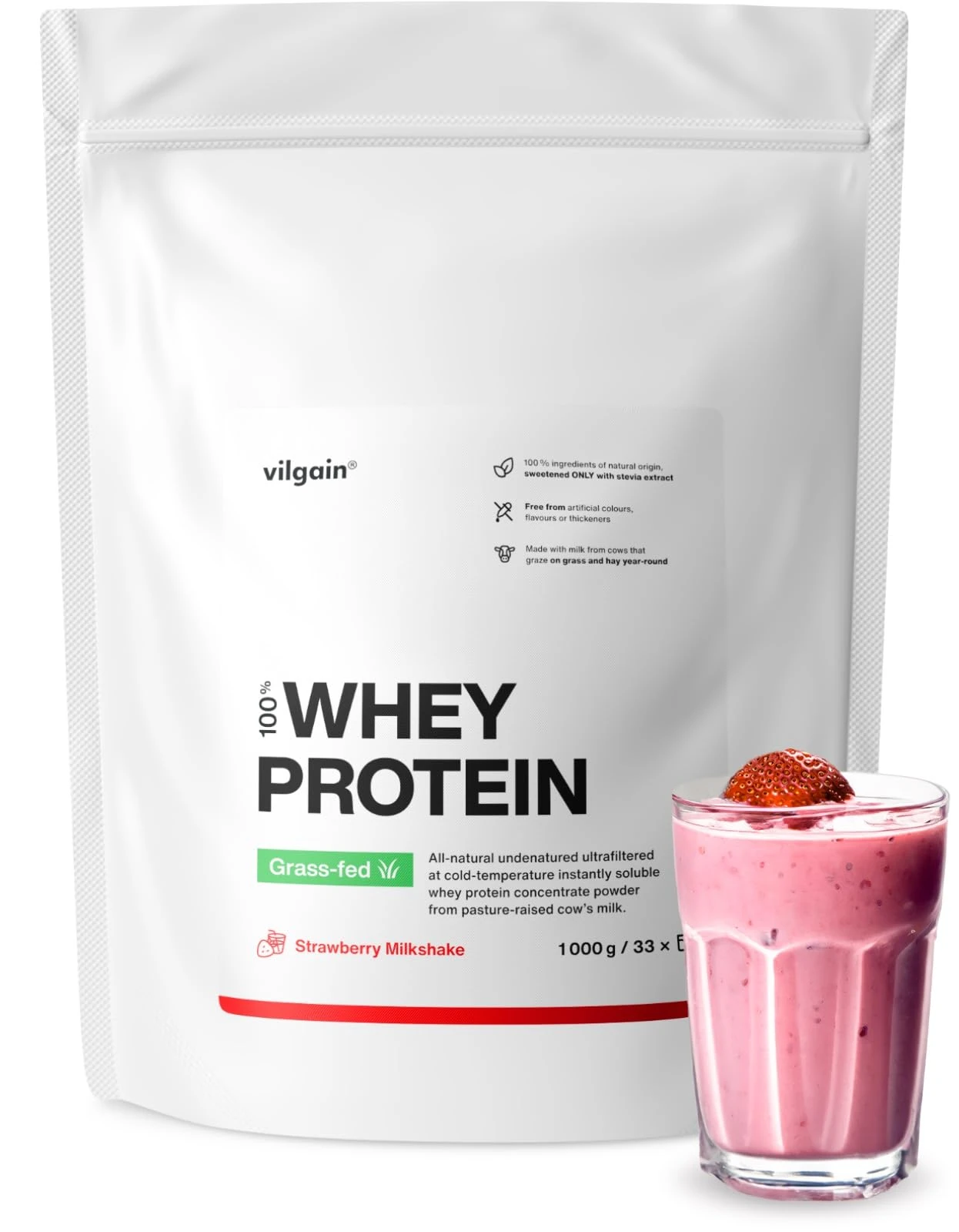 Vilgain® Whey Protein Grass-Fed | 100% Pure Whey Protein Powder | Fast Muscle Recovery and Building | Natural Flavour | Premium Quality Powder | Strawberry, 1000 g