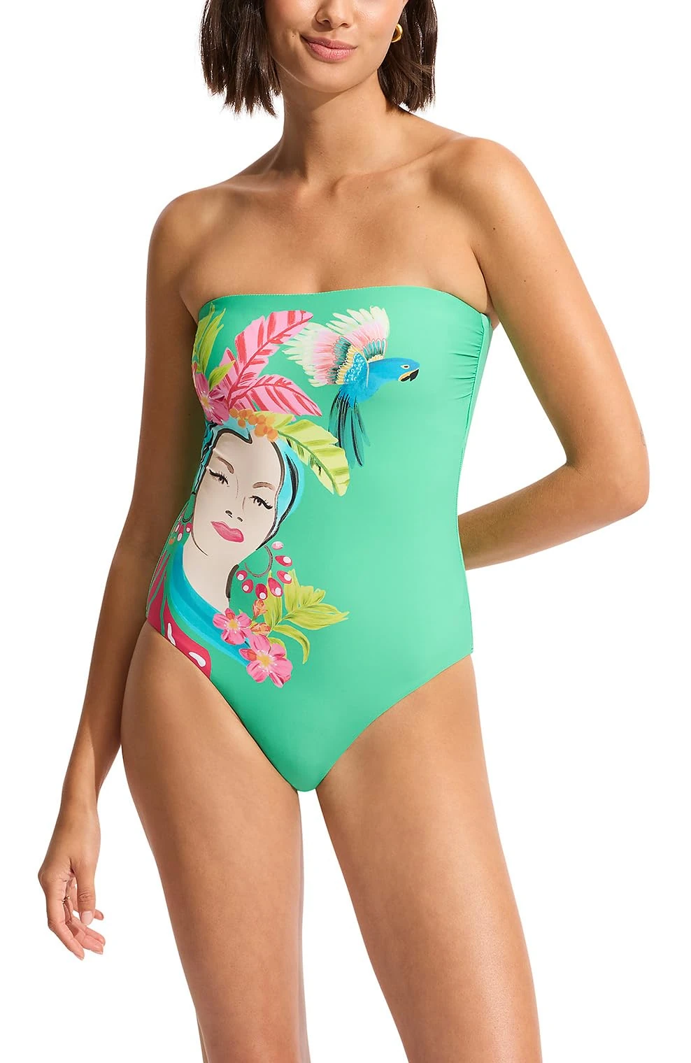 Seafolly Women's Standard Bandeau One Piece Swimsuit with High Cut Leg, Tropica Jade, 4