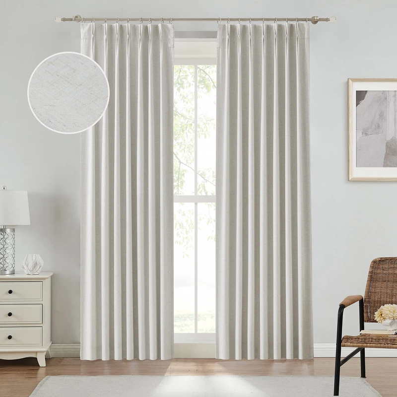 Pinch Pleated Full Blackout Curtain Panels Linen Texture Thermal Insulated Window Treatment Sets with Back Tab for Farmhouse Living Room Bedroom Energy Efficient Drape with Hooks, 40"x95"x2, Natural
