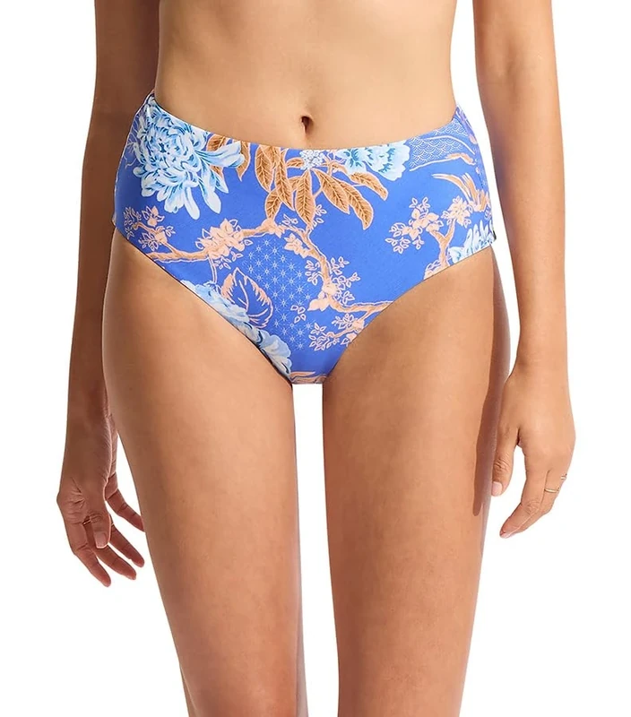 Seafolly Women's Standard High Waisted Full Coverage Low Legline Bikini Bottom, Eden Azure, 12