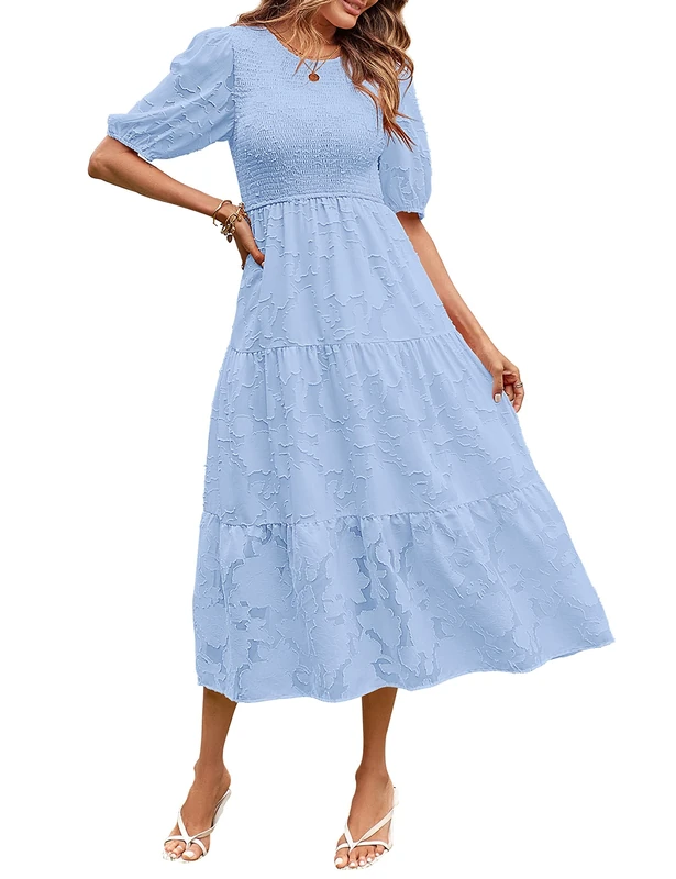 Merokeety Women's 2023 Summer Puff Sleeve Smocked Floral Dress Crewneck Lace Flowy Tiered Midi Dresses, Lightblue, L