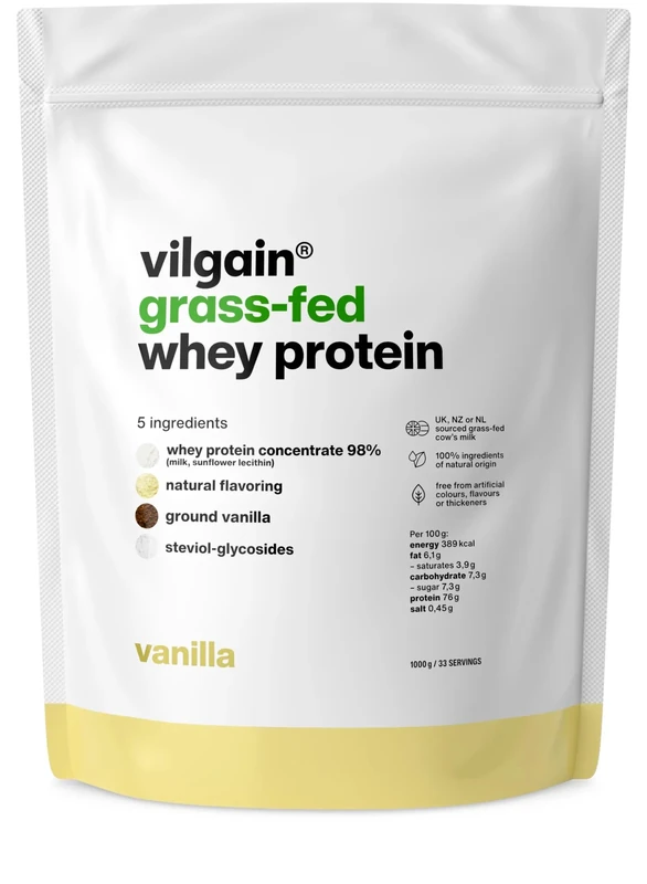 Vilgain® Whey Protein Powder, Grass Fed | 100% Pure Whey Protein Powder | Fast Muscle Recovery and Building | Natural Taste | Premium Quality Powder (1000g, Vanilla)