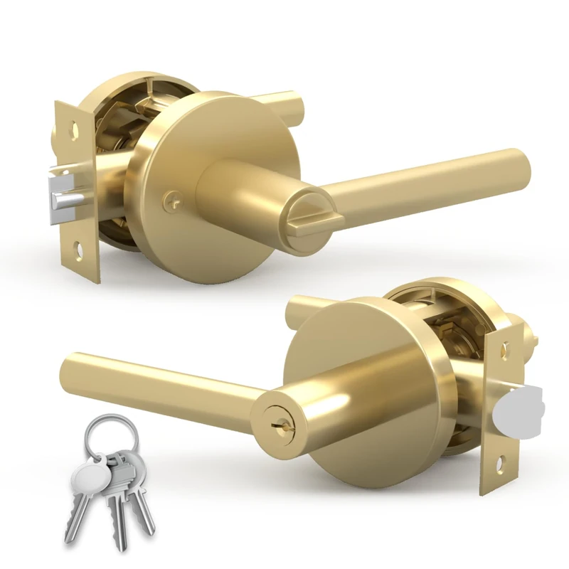 Mega Handles Ronn Entrance Entry Lever Door Handle Heavy Duty Round Locking Lever Set for Left or Right-Handed Doors, Interior/Exterior Door Levers - Satin Brass