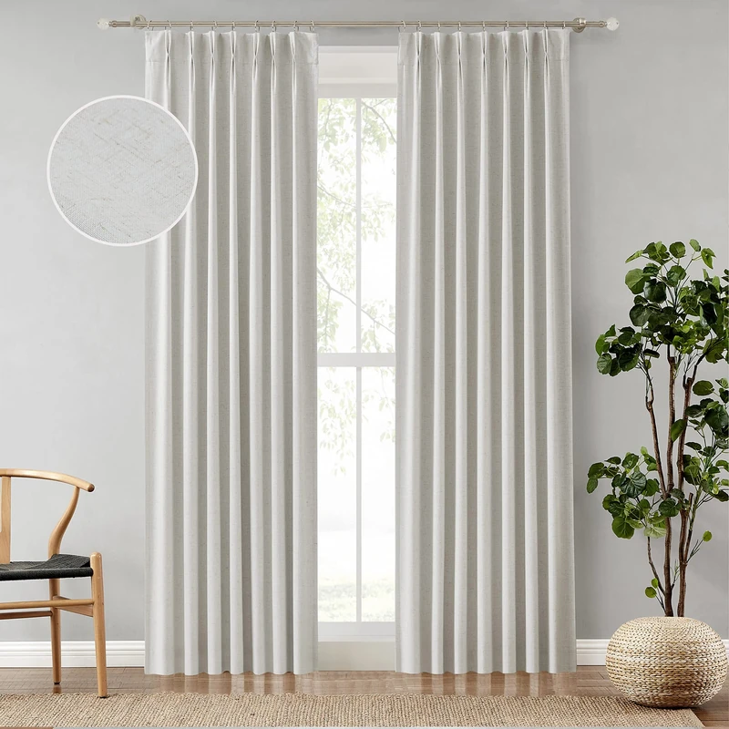 Natural Pinch Pleated Full Blackout Curtains Linen Blended Noise Reducing Window Treatment Panel 84 Inch for Living Room Bedroom Thermal Insulated Back Tab Drapes with Hooks, 2 Panel, 40" Wx84 L
