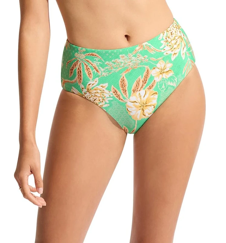 Seafolly Women's Standard High Waisted Full Coverage Low Legline Bikini Bottom, Eden Mint, 12