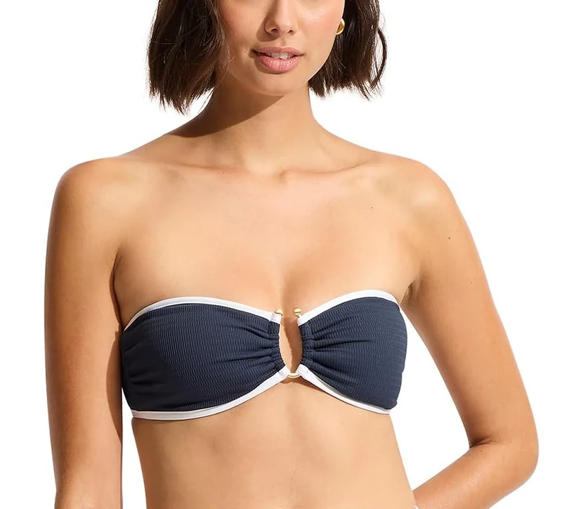 Seafolly Women's Ring Front Bandeau Bikini Top Swimsuit, Beach Bound True Navy, 2