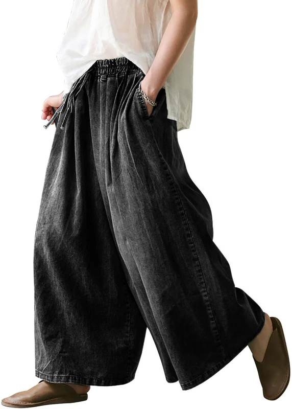 UQJE Women's Wide Leg Baggy Jeans Plus Size Loose Elastic Waist Denim Pants with Deep Pockets Light Blue, Black, M