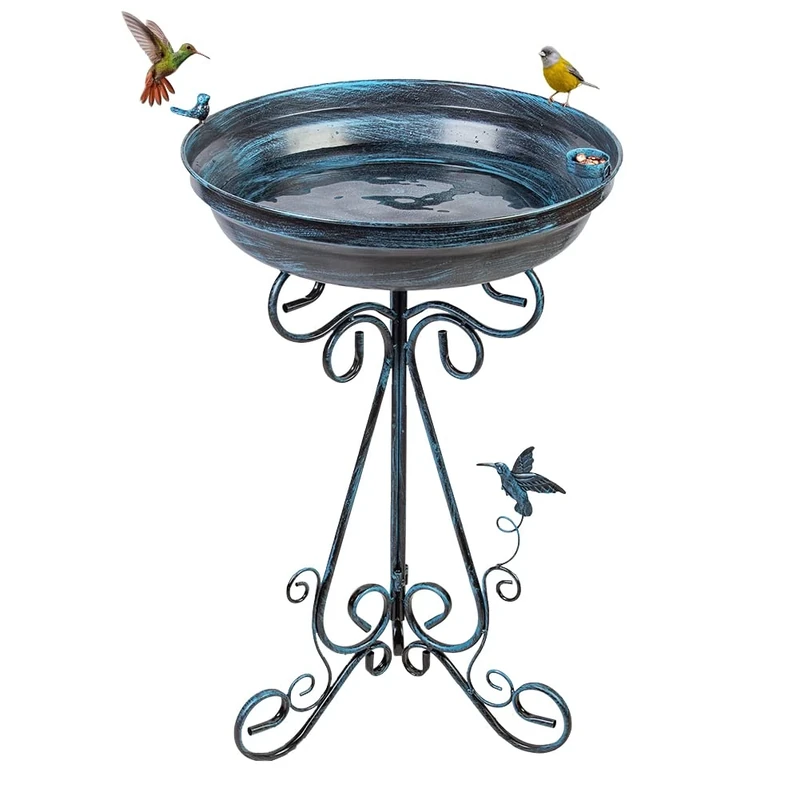 VEWOGARDEN Blue Bird Baths for Outdoors Large Garden Metal Bird Bath 17.7" Bird Bath Bowl Bird Bath and Feeder Combo Garden Birdbath Standing Bird Feeder Bath with Folding Bracket