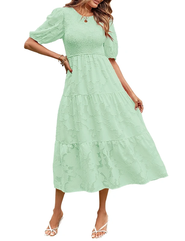 Merokeety Women's 2023 Summer Puff Sleeve Smocked Floral Dress Crewneck Lace Flowy Tiered Midi Dresses, Mint, L