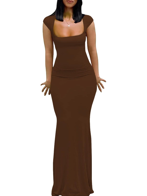 Womens Summer Cap Sleeve Square Neck Elegant Casual Lounge Bodycon Slim Maxi Evening Party Long Dress, Brown, XS
