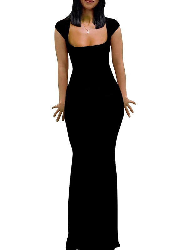 Mokayee Womens Summer Cap Sleeve Square Neck Elegant Casual Lounge Bodycon Slim Maxi Evening Party Long Dress, Black, XS