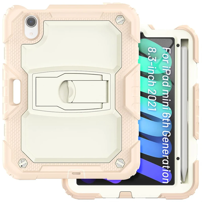Case Suitable for iPad Mini 6th Generation 8.3 Inch 2021 with Invisible Folding Stand, Heavy Duty Rugged Shockproof Protective Case with Pencil Holder, Beige Rose Gold