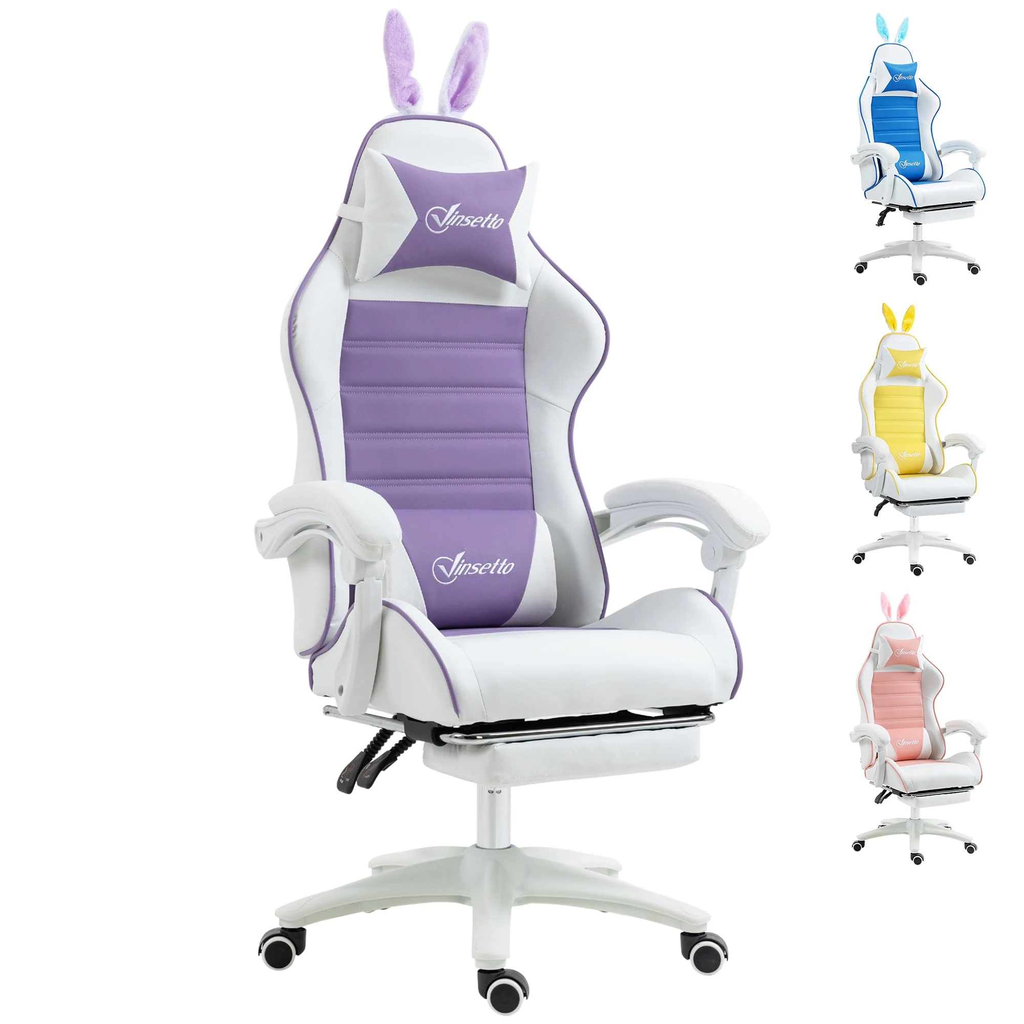 Vinsetto Reclining Racing Gaming Chair with Headrest and Lumber Support, PU Leather Computer Chair with Removable Rabbit Ears, Footrest, Purple