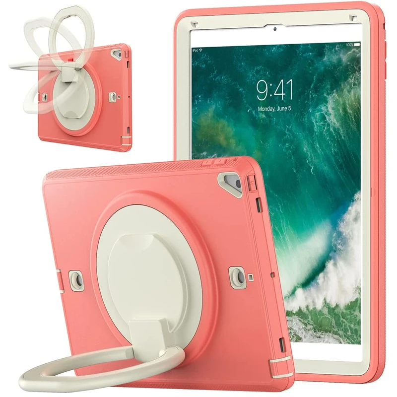 Case for iPad 10.2 9th/8th/7th gen 2021/2020/2019 with 360 degrees rotatable kickstand, Fashion Shockproof Case with Pencil Holder and Hand Strap Beige + Watermelon red