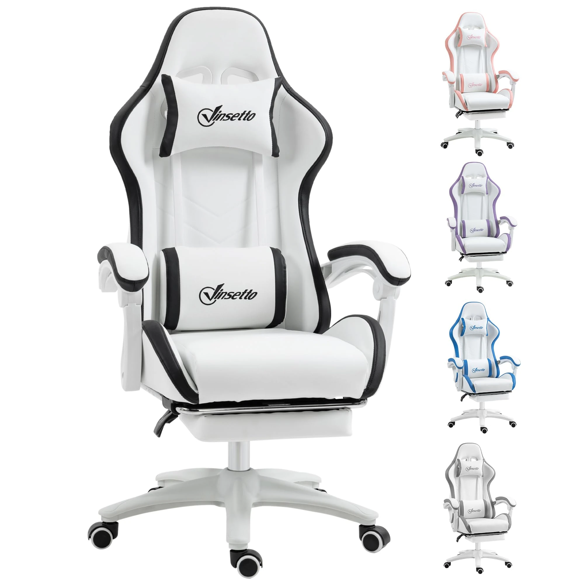 Vinsetto Computer Gaming Chair, PU Leather Office Desk Chair with Footrest, Swivel Wheels, 135° Reclining Back, Lumbar Support, Headrest for Home, White and Black