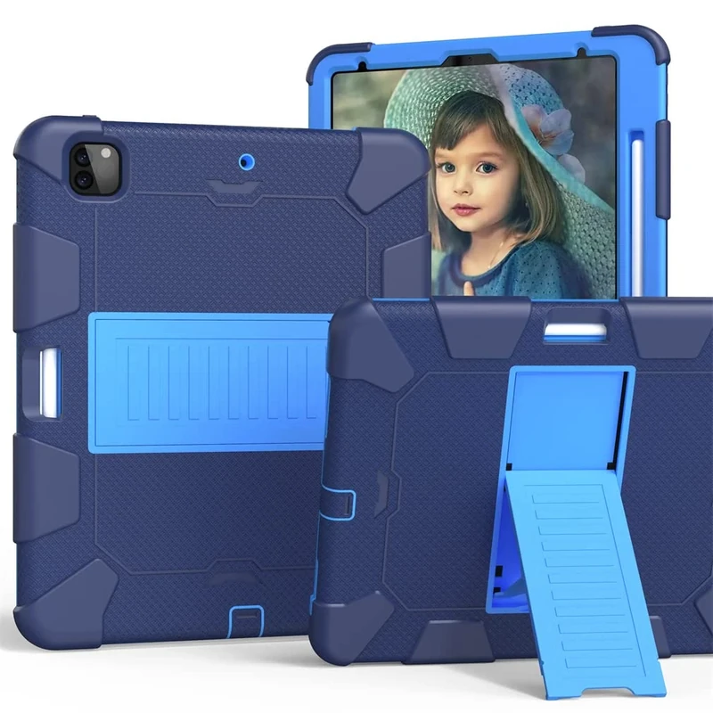 Case Suitable for iPad Pro 4th/ 3rd Generation 12.9 Inch 2020/2018 with Pencil Holder, Tough and Drop Resistant Protective Case with Invisible Kickstand, Navy + Blue