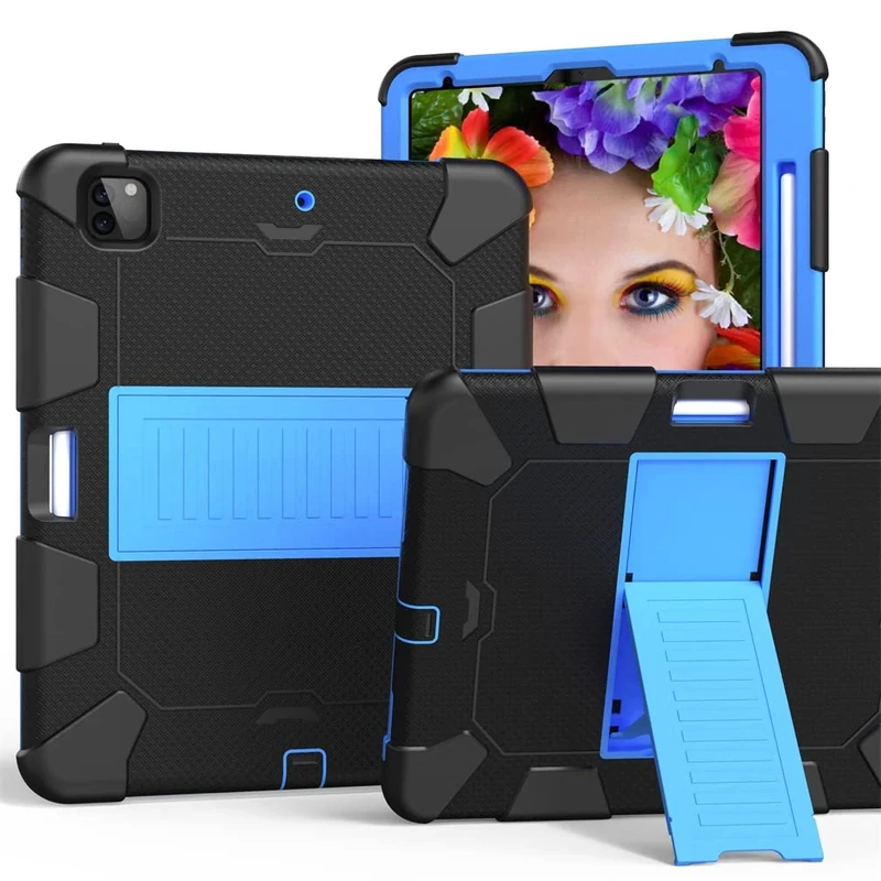 Case Suitable for iPad Pro 4th/ 3rd Generation 12.9 Inch 2020/2018 with Pencil Holder, Tough and Drop Resistant Protective Case with Invisible Kickstand, Black + Blue