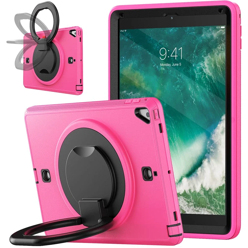Case for iPad 10.2 9th/8th/7th gen 2021/2020/2019 with 360 degrees rotatable kickstand, Fashion Shockproof Case with Pencil Holder and Hand Strap Rose