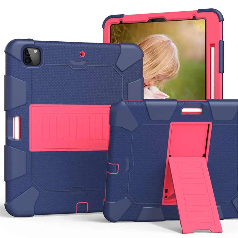 Case Suitable for iPad Pro 4th/ 3rd Generation 12.9 Inch 2020/2018 with Pencil Holder, Tough and Drop Resistant Protective Case with Invisible Kickstand,Navy + Rose