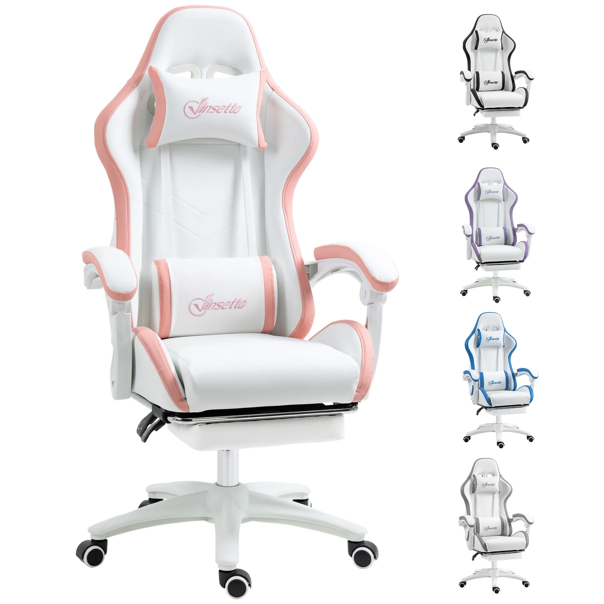 Vinsetto Computer Gaming Chair, PU Leather Office Desk Chair with Footrest, Swivel Wheels, 135° Reclining Back, Lumbar Support, Headrest for Home, White and Pink