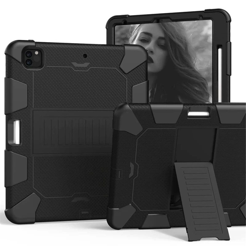 Case Suitable for iPad Pro 4th/ 3rd Generation 12.9 Inch 2020/2018 with Pencil Holder, Tough and Drop Resistant Protective Case with Invisible Kickstand, Black + Black