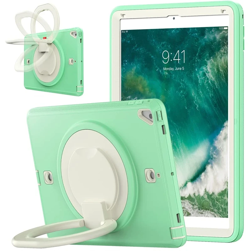 Case for iPad 10.2 9th/8th/7th gen 2021/2020/2019 with 360 degrees rotatable kickstand, Fashion Shockproof Case with Pencil Holder and Hand Strap Beige + Pale green