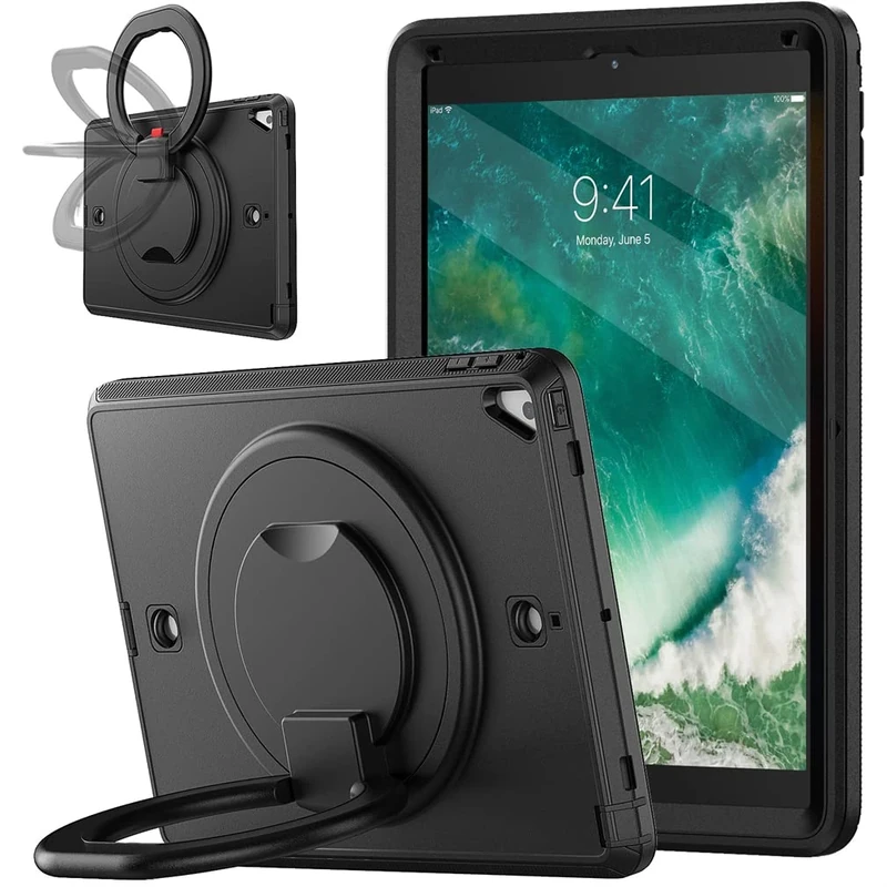 Case for iPad 10.2 9th/8th/7th gen 2021/2020/2019 with 360 degrees rotatable kickstand, Fashion Shockproof Case with Pencil Holder and Hand Strap Black