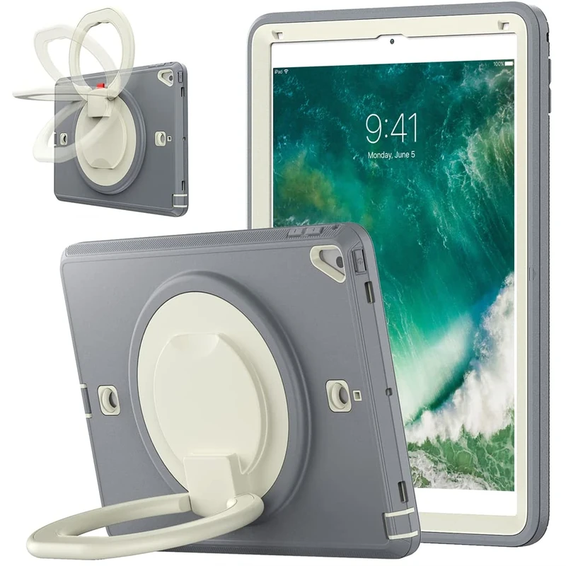 Case for iPad 10.2 9th/8th/7th gen 2021/2020/2019 with 360 degrees rotatable kickstand, Fashion Shockproof Case with Pencil Holder and Hand Strap Beige + Grey