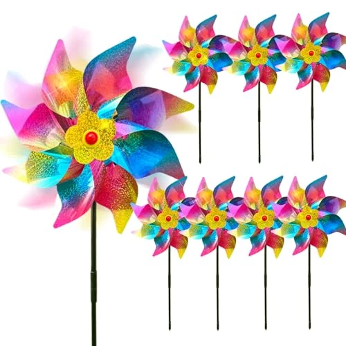 Reflective Bird Scarer Windmill,Repellent Windmills Scare Birds pigeons deterrent,Colorful Rainbow Pinwheel wind spinners for protection of garden crops, fruits, flowers, lawns (8Pcs-B)